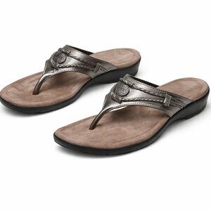 Minnetonka Leather Thong Sandals Women’s Size 8 – Pewter Metallic Flip Flops